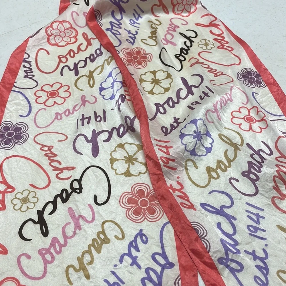Coach Cream Silk Scarf with Red Border and Multicolor Script - Picture 9 of 9
